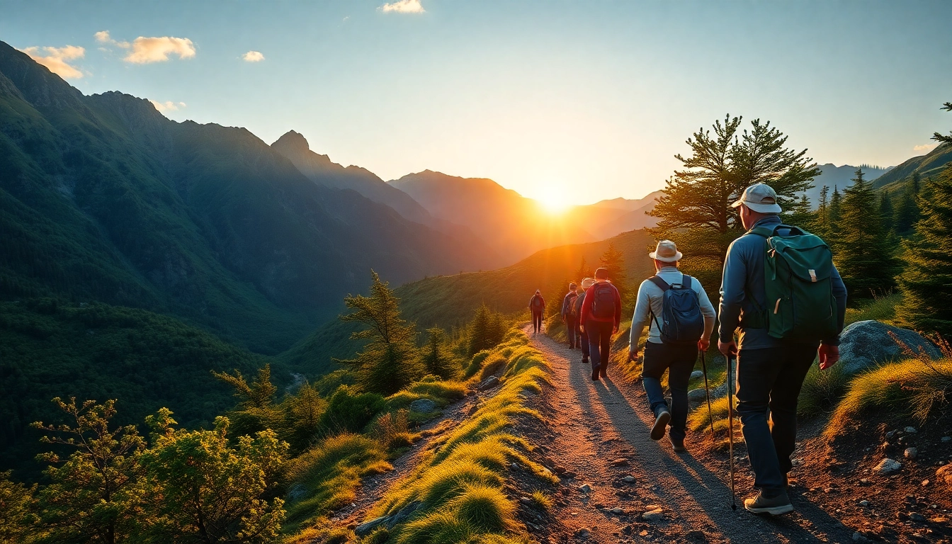 Guided trek through lush mountain landscape showcasing expert guides leading hikers on an adventurous trail.