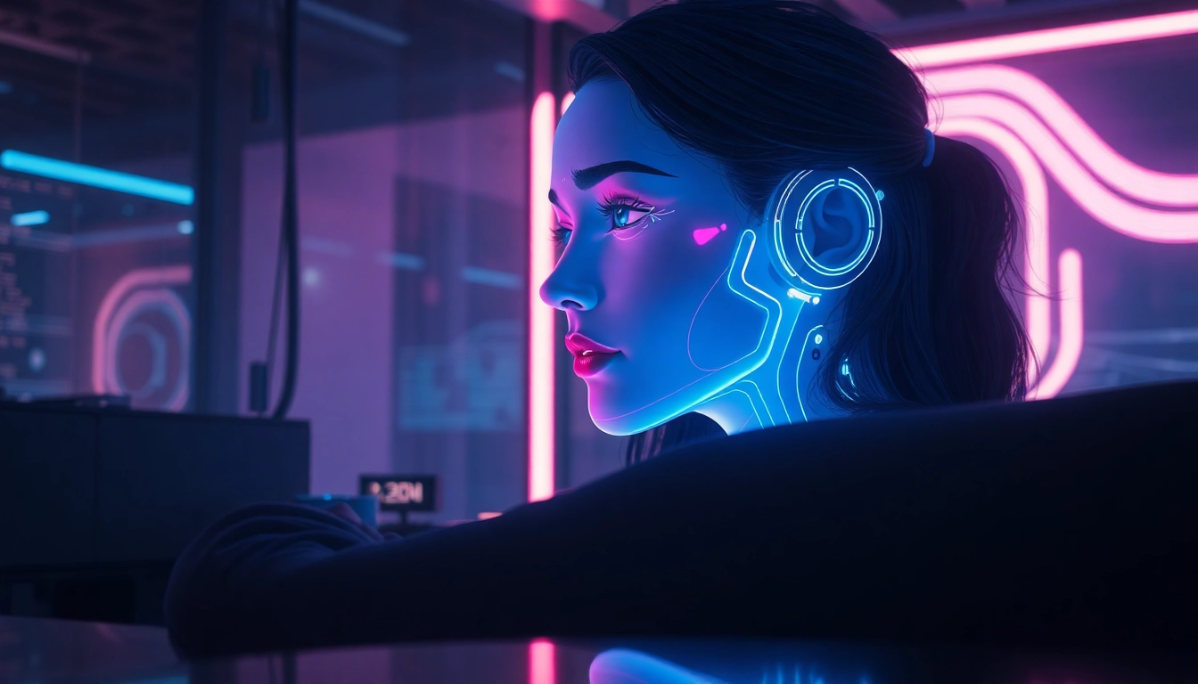Futuristic AI avatar hologram in a high-tech room with neon glow and modern textures