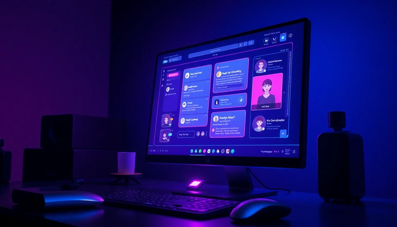 Futuristic AI chat interface with neon colors and immersive digital environment.