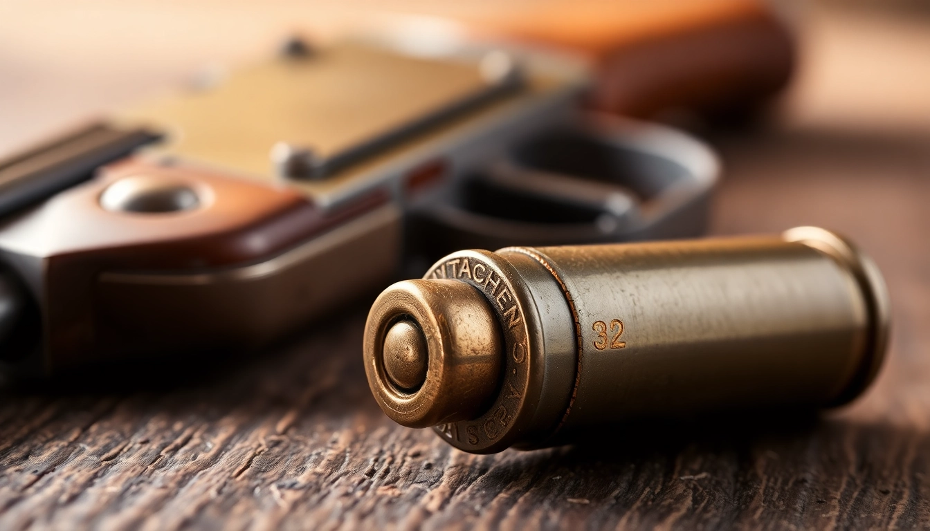 The 32 WIN cartridge displayed on wood surface with vintage firearm in background, highlighting its classic design and historical significance.