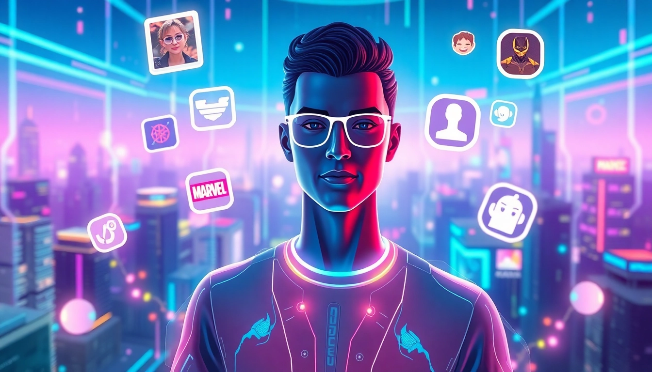 Futuristic digital social media environment with avatars and fandom icons in neon colors.