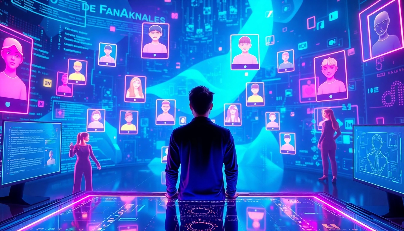 Futuristic social media virtual environment with AI avatars and holographic profiles