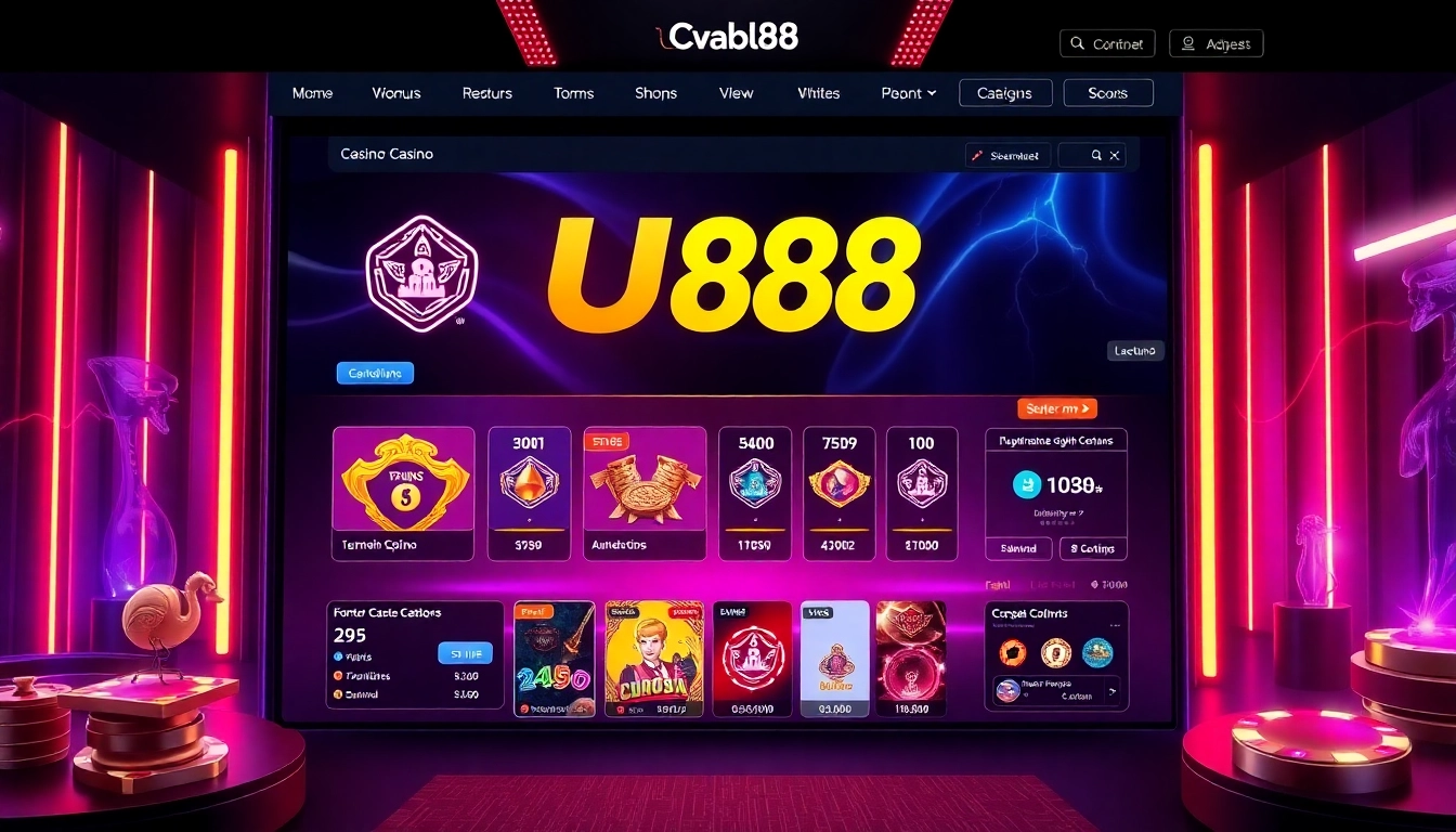 Bright UU88 online casino platform with sleek interface and vibrant neon design illustrating gaming excitement and trustworthiness.
