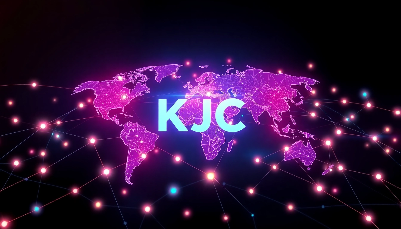 Hình ảnh mô phỏng Liên minh quốc tế KJC kết nối toàn cầu với công nghệ hiện đại, biểu tượng giao lưu, hợp tác đa nền tảng.