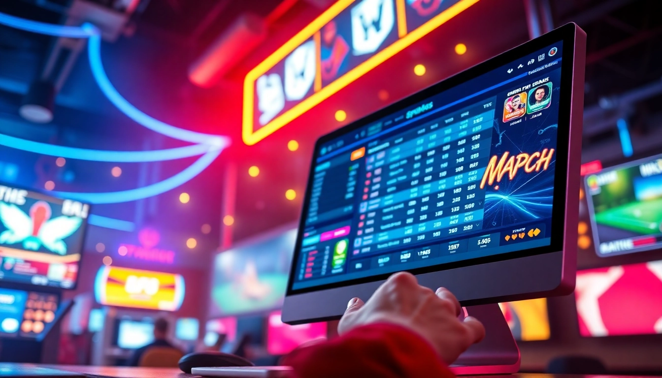 An energetic scene of an online betting platform with sports icons and glowing neon lights.