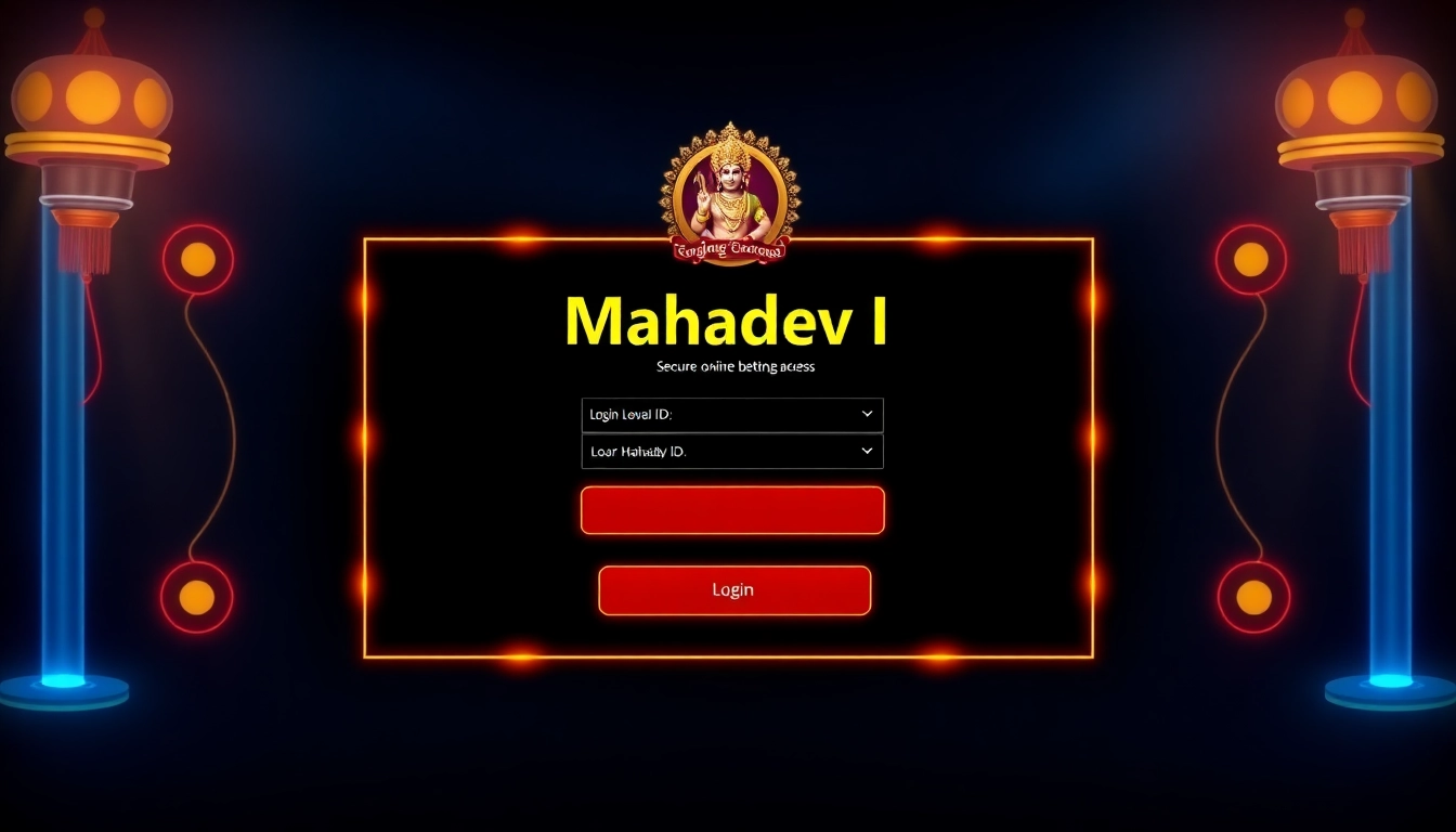 Mahadev ID login screen demonstrating secure online betting access with vibrant visuals and user interface icons.