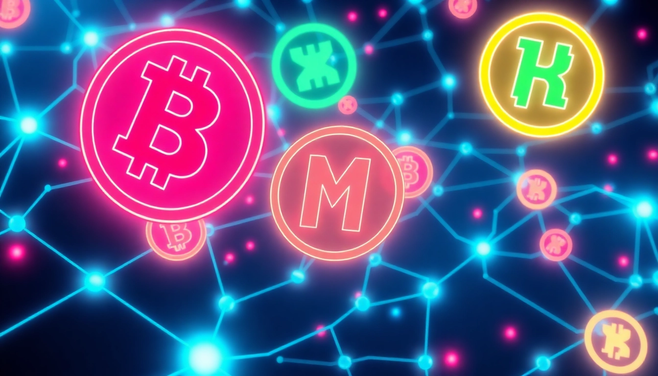 Vibrant memecoin symbols swirling around blockchain network emphasizing cryptocurrency trends
