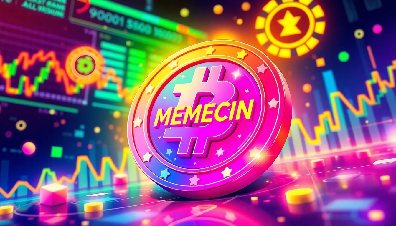 Visually engaging memecoin illustration showing a shiny coin with blockchain and trading