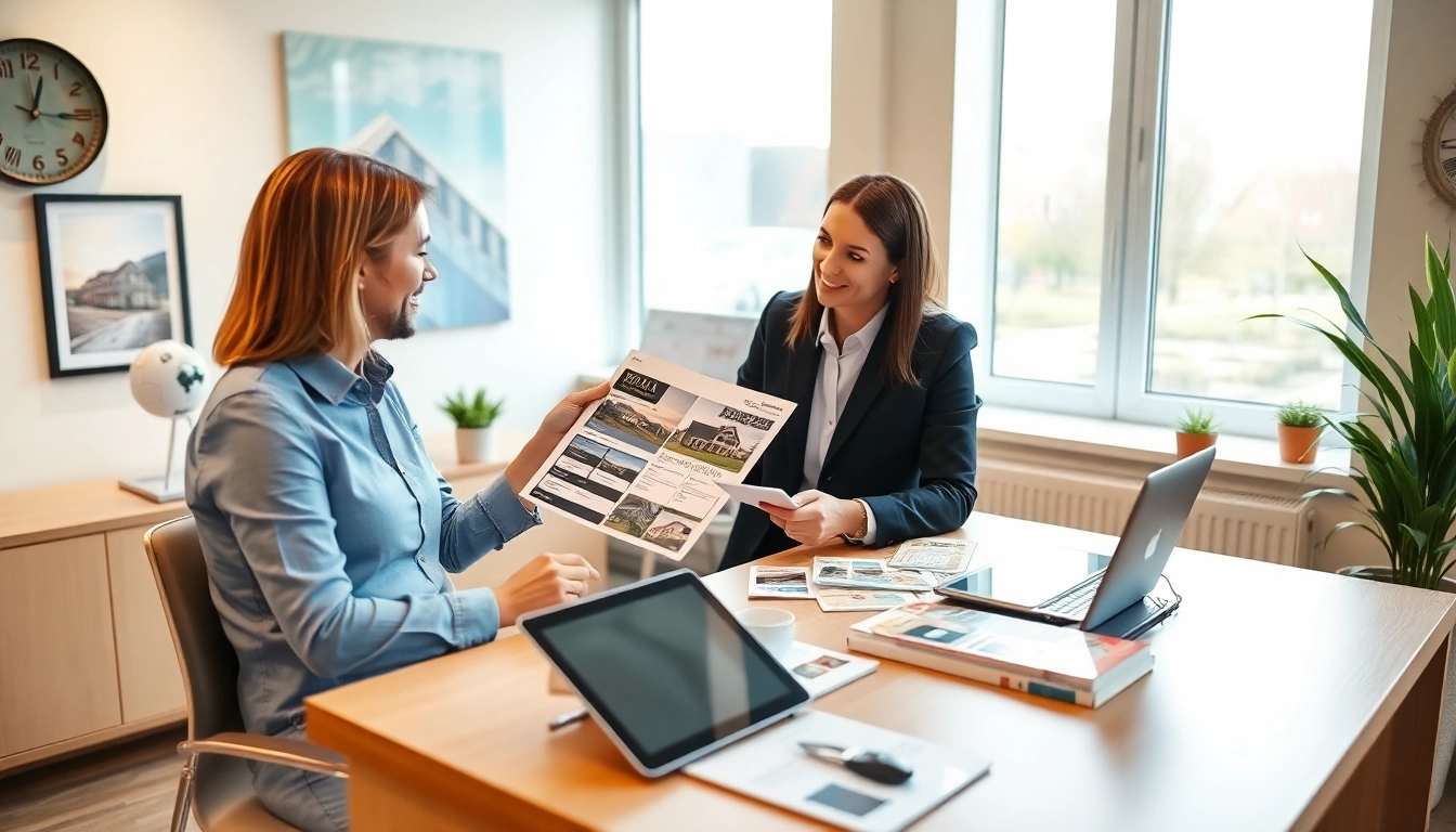 Makler Grevenbroich: Professional real estate agent presenting property details with clients in Grevenbroich office, creating trust and confidence for sales success.