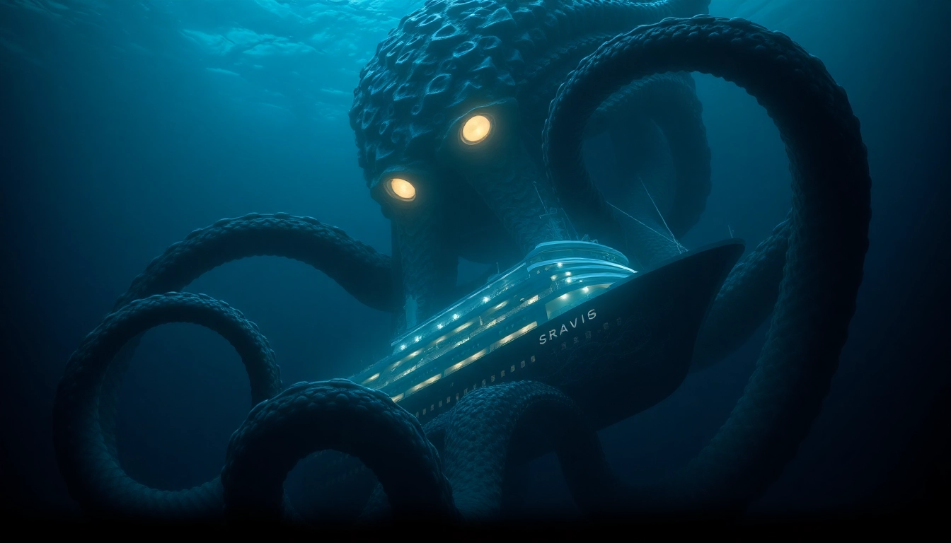 Ancient map showing Kraken as a legendary sea monster with giant tentacles
