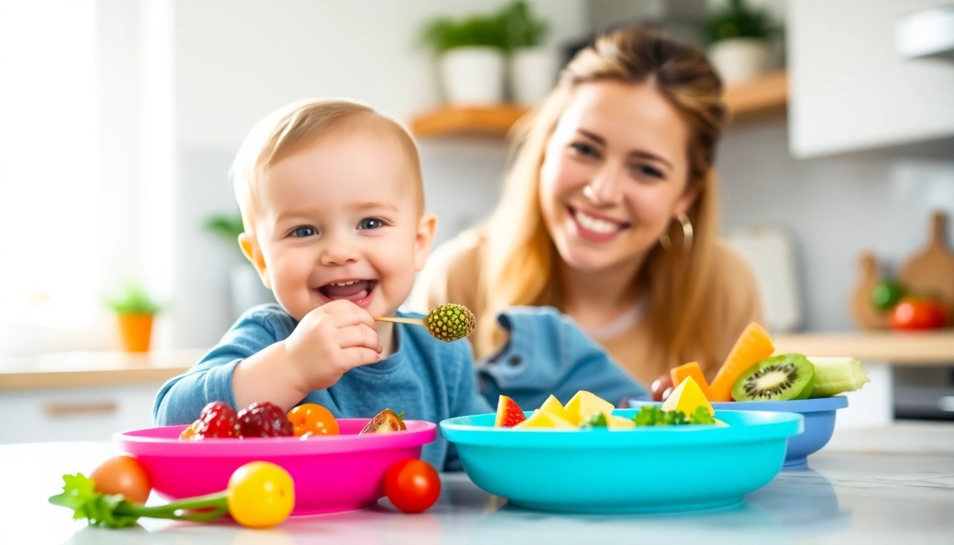 Healthy baby food Made in Italy is presented with fresh fruits and vegetables being enjoyed by